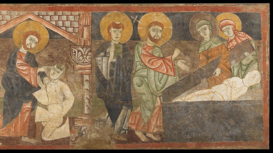 Die Auferweckung des Lazarus als Wandmalerei in der Kirche von San Baudelio in Nordkastilien.