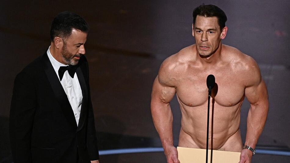 Erinnerung an den Oscar-Flitzer vor 50 Jahren: Jimmy Kimmel (l.) und John Cena.