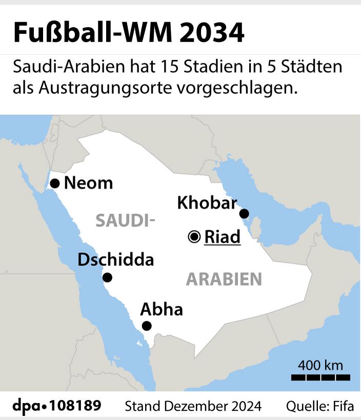 Grafik-Karte "Mögliche Austragungsorte der WM 2034 in Saudi-Arabien"