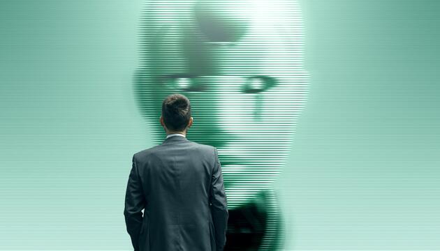 Ein Mann starrt auf einen humanoiden KI-Roboter.