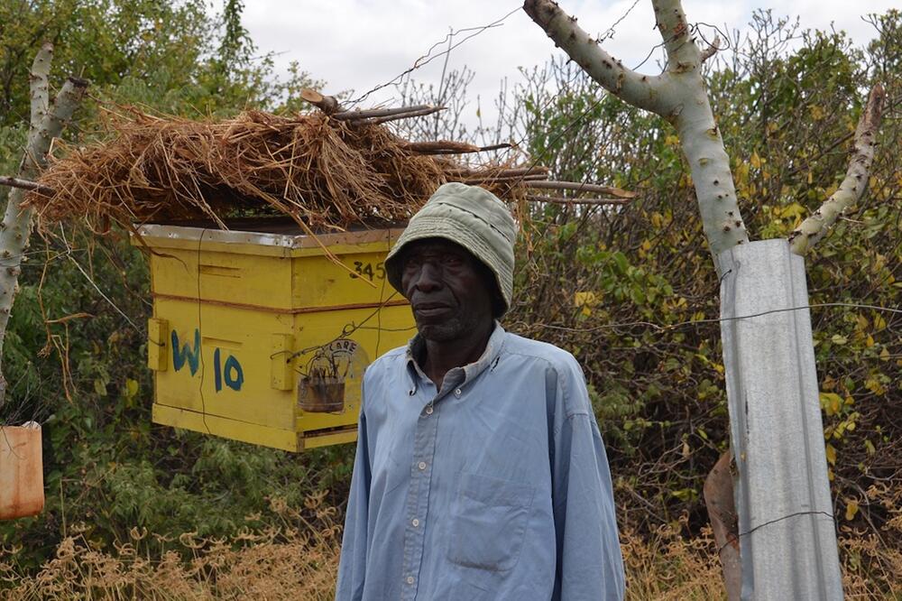 Bauer in Afrika vor einem Bienenzaun