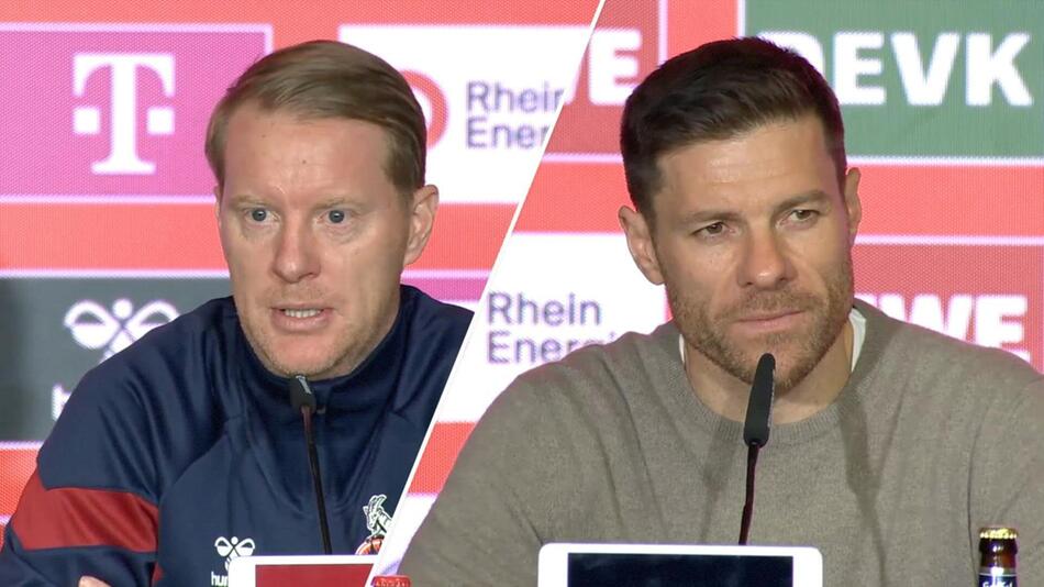 Kölns Trainer Timo Schultz und sein Leverkusener Kollege Xabi Alonso während der Pressekonferenz