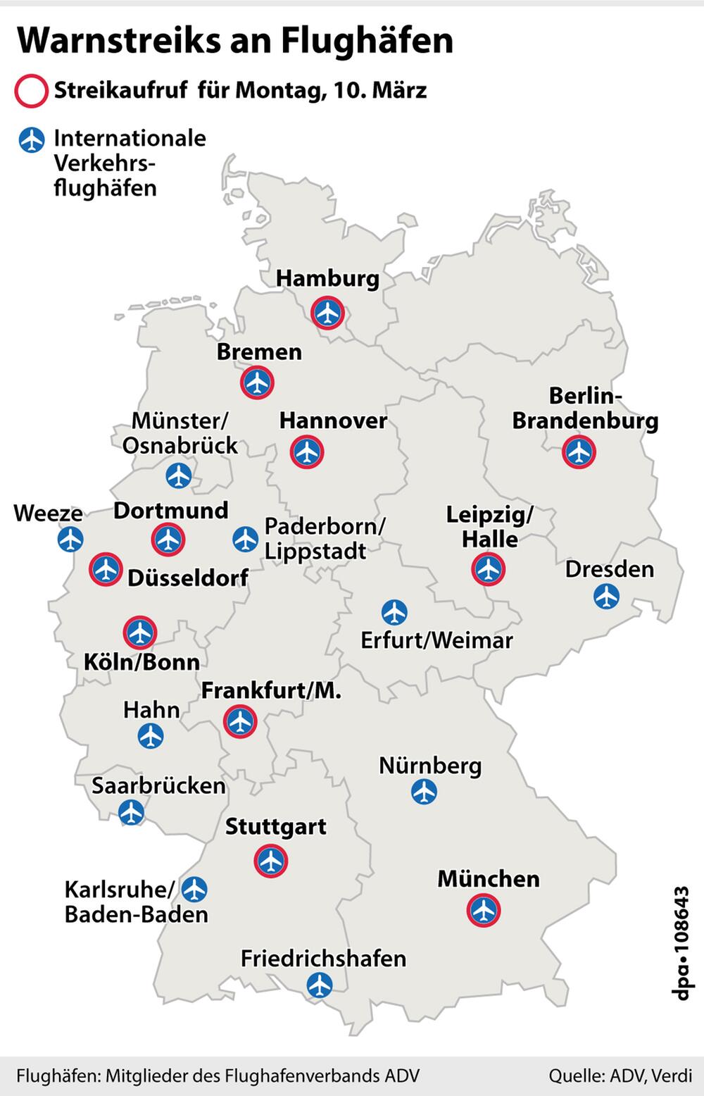 Grafik-Karte: "Deutschlandkarte mit den Flughäfen die am 10. März bestreikt werden sollen"