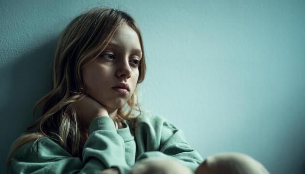 Mädchen, das allein und traurig an einer Wand lehnt. 