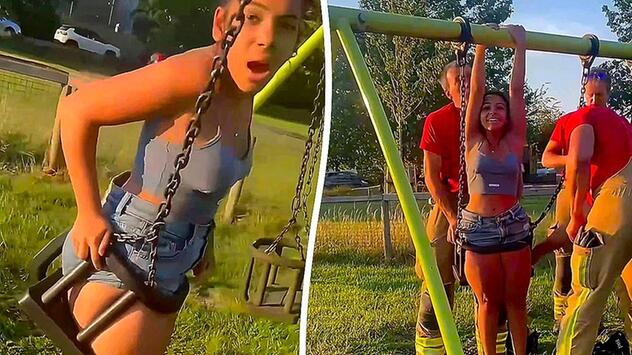 Peinliche Panne auf Kinderspielplatz: Teenagerin sitzt in Schaukel fest
