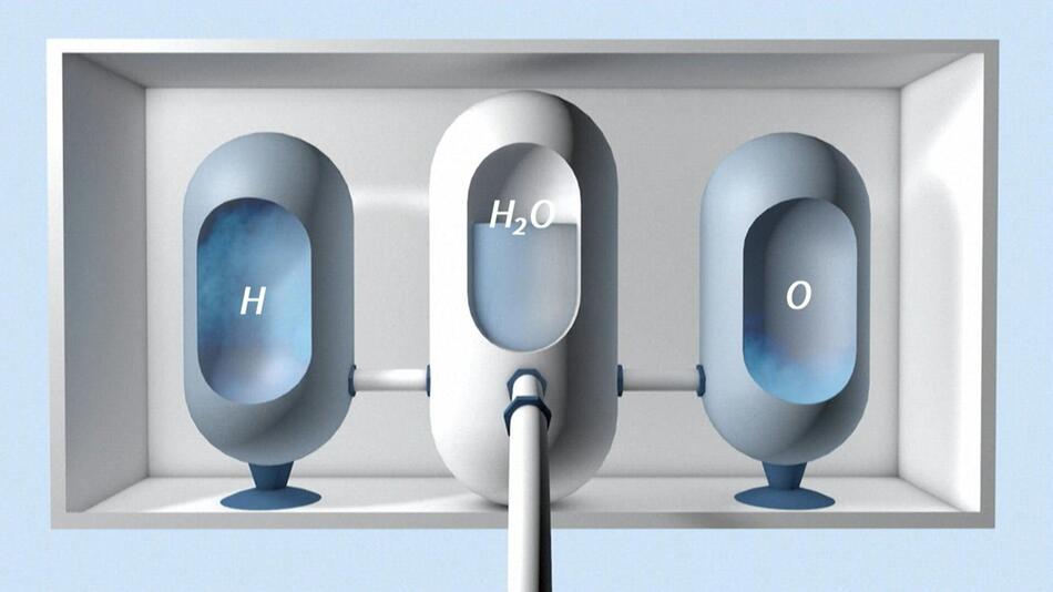 Diese Grafik zeigt die chemische Aufspaltung des Wassers zur Gewinnung von Wasserstoff