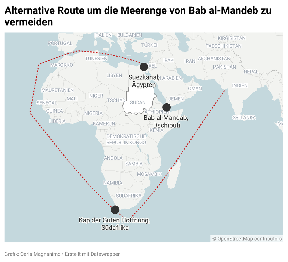 Karte von Afrika mit Schiffsroute eingezeichnet