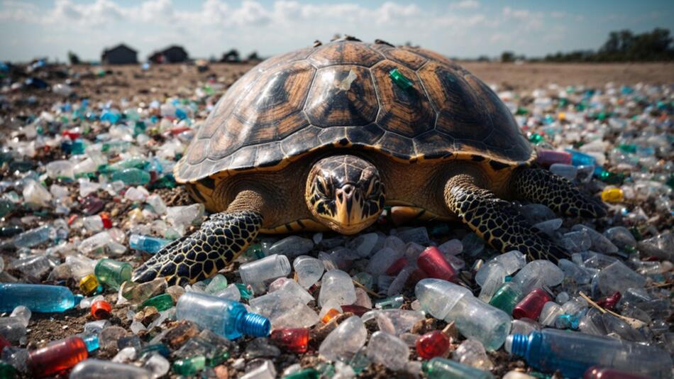 Schildkröte auf Plastikmüll