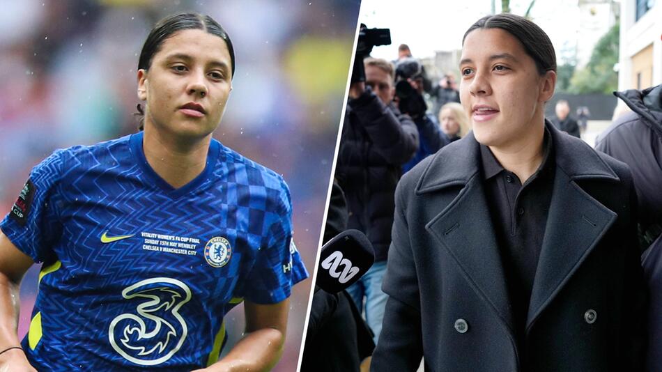 Chelsea-Stürmerin Sam Kerr auf dem Fußballfeld (links) und vor Gericht (rechts)