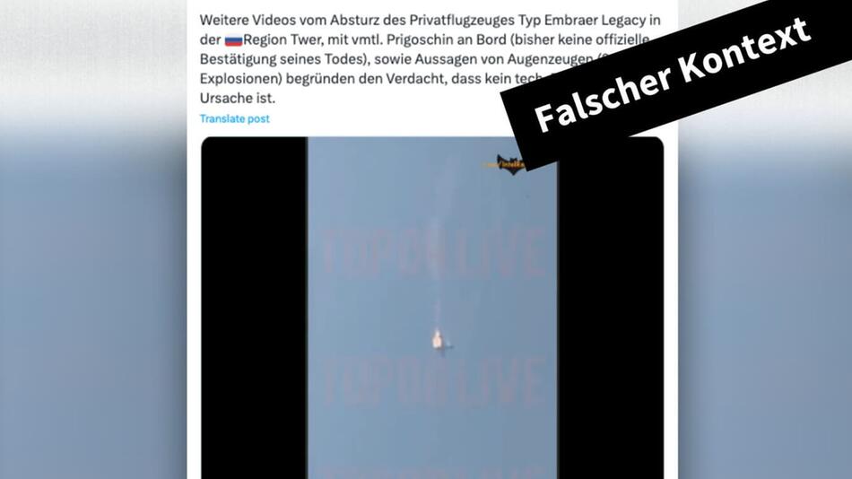 Video, das zeigen soll, wie ein Flugzeug des Chefs der Söldnertruppe Wagner, Prigoschin, abstürzt