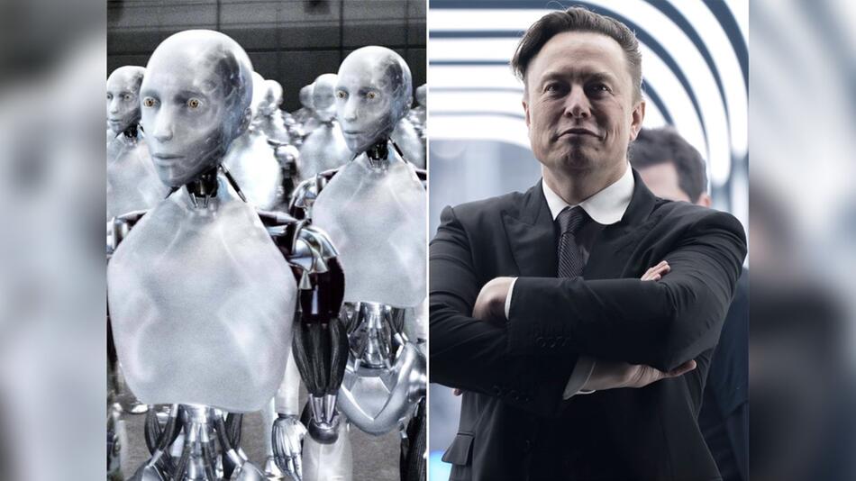 Elon Musk (r.) und die "I, Robot"-Androiden.