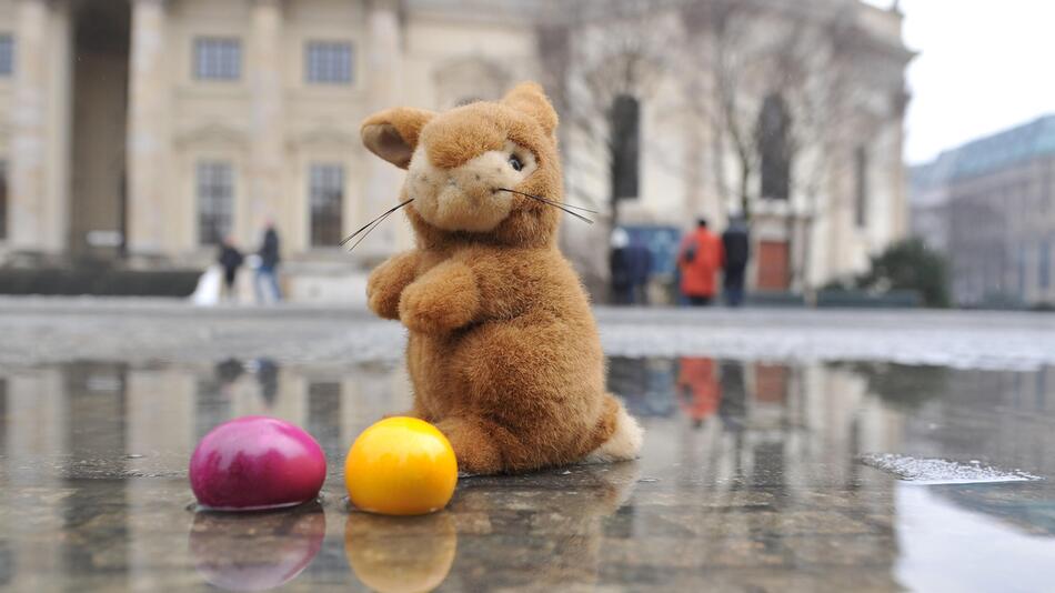 Ein Stoffhase sitzt in Berlin vor zwei bunten Ostereiern in einer Pfütze