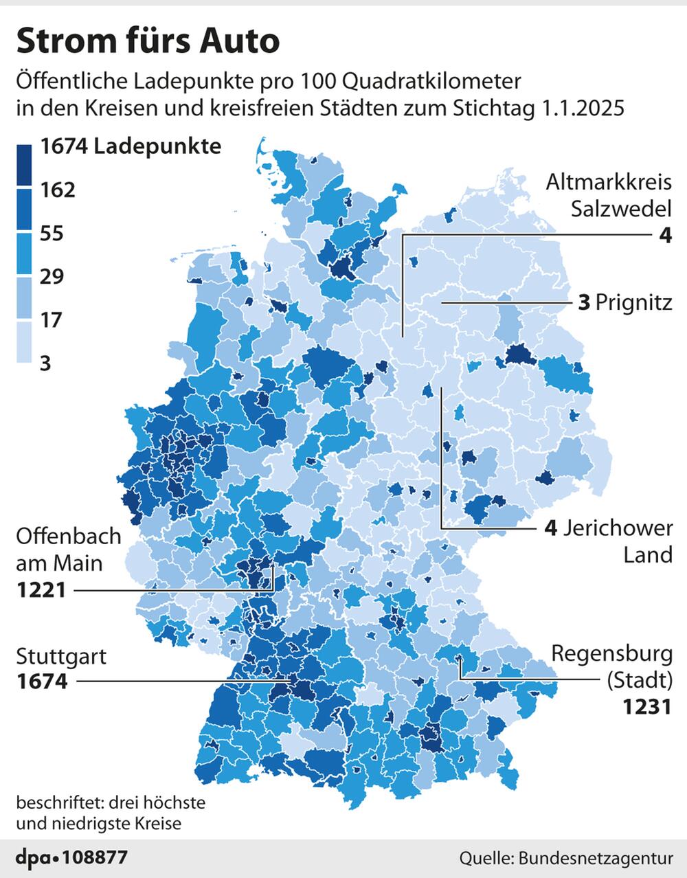 Grafik-Karte: "Ladepunkte pro 100 Quadratkilometer in den Kreisen und kreisfreien Städten"