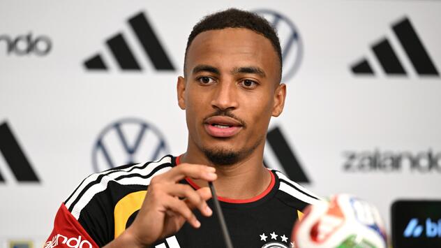 Jamie Leweling bei der DFB-Pressekonferenz am Dienstag.