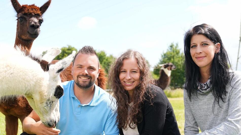 Gruppenbild mit Alpakas: Marvin mit Eva (M.) und Sabrina.