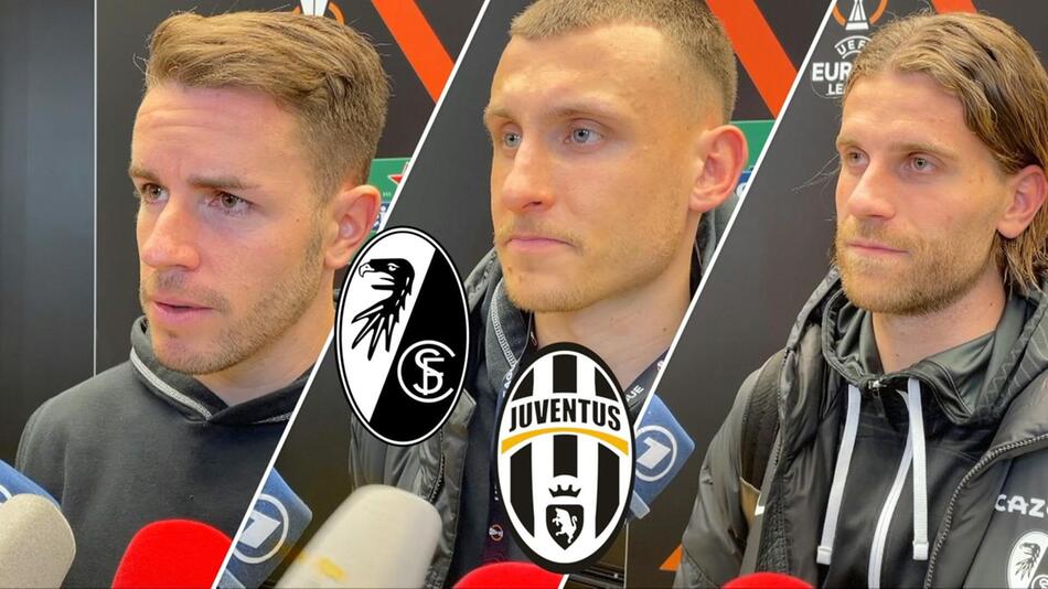 Die Freiburger Christian Günter, Maximilian Eggestein und Lucas Höler am 9. März 2023 in Turin