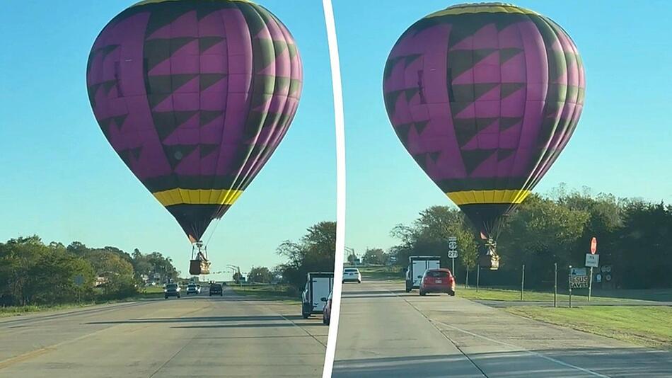 Haarscharf über den Autos: Heißluftballon schwebt über Highway