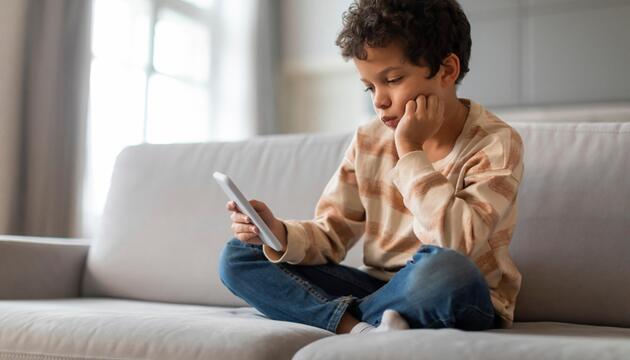 Kleines Kind sitzt auf Sofa und blickt gelangweilt ins Handy