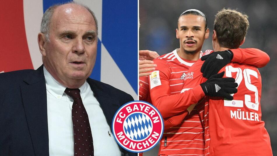 Bayern Münchens Ehrenpräsident Uli Hoeneß und die Spieler Leroy Sané und Thomas Müller