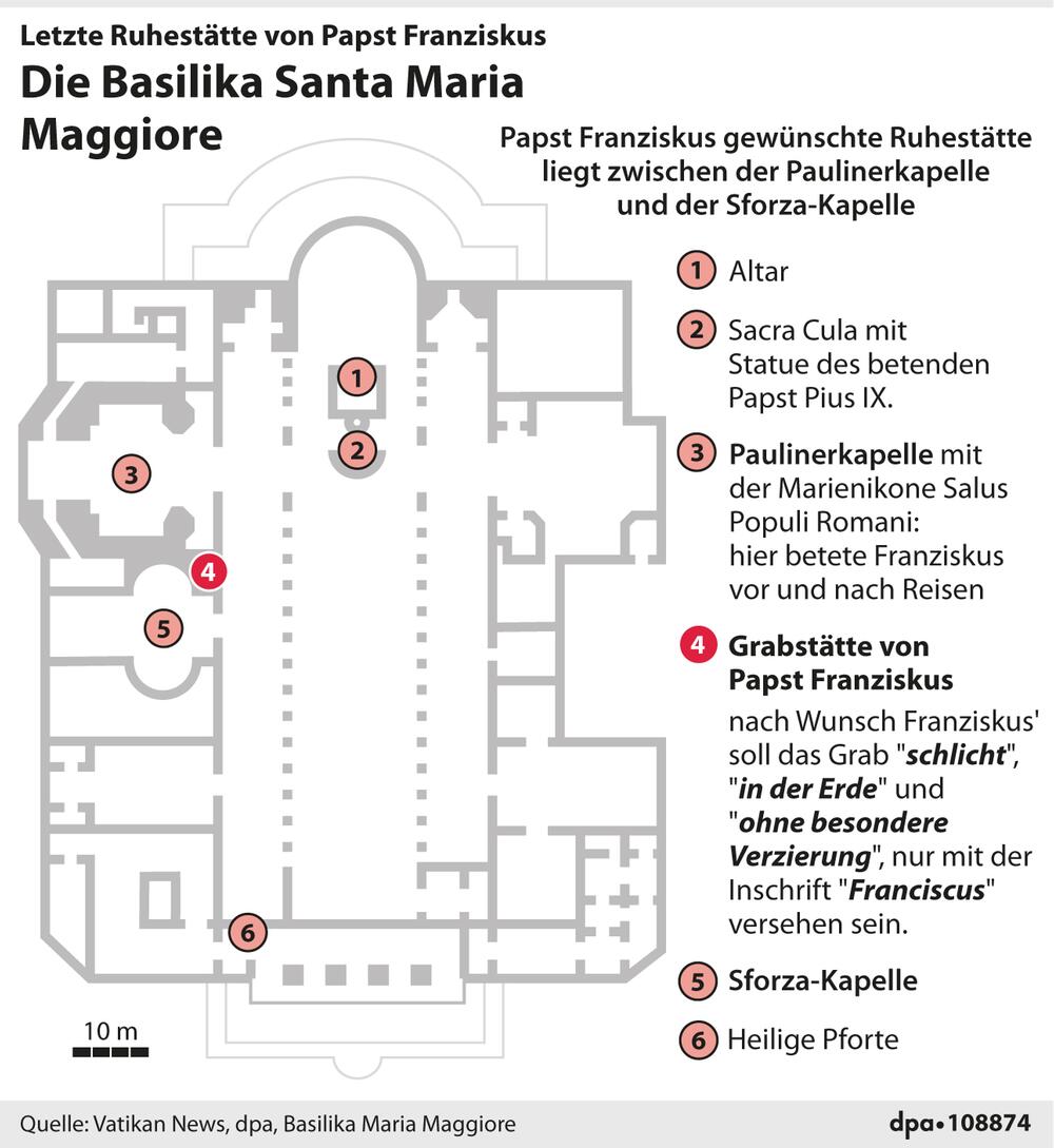Grafik: "Die Basilika Santa Maria Maggiore: Grundriss und Verortung des Grabes von Papst Franziskus"