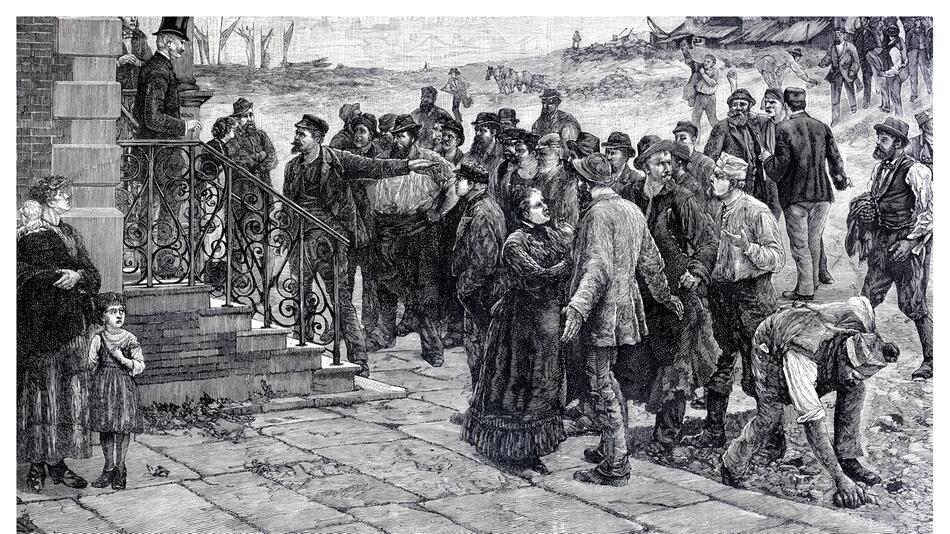 Arbeiter streiken vor einem Fabrikbesitzer im Jahr 1886