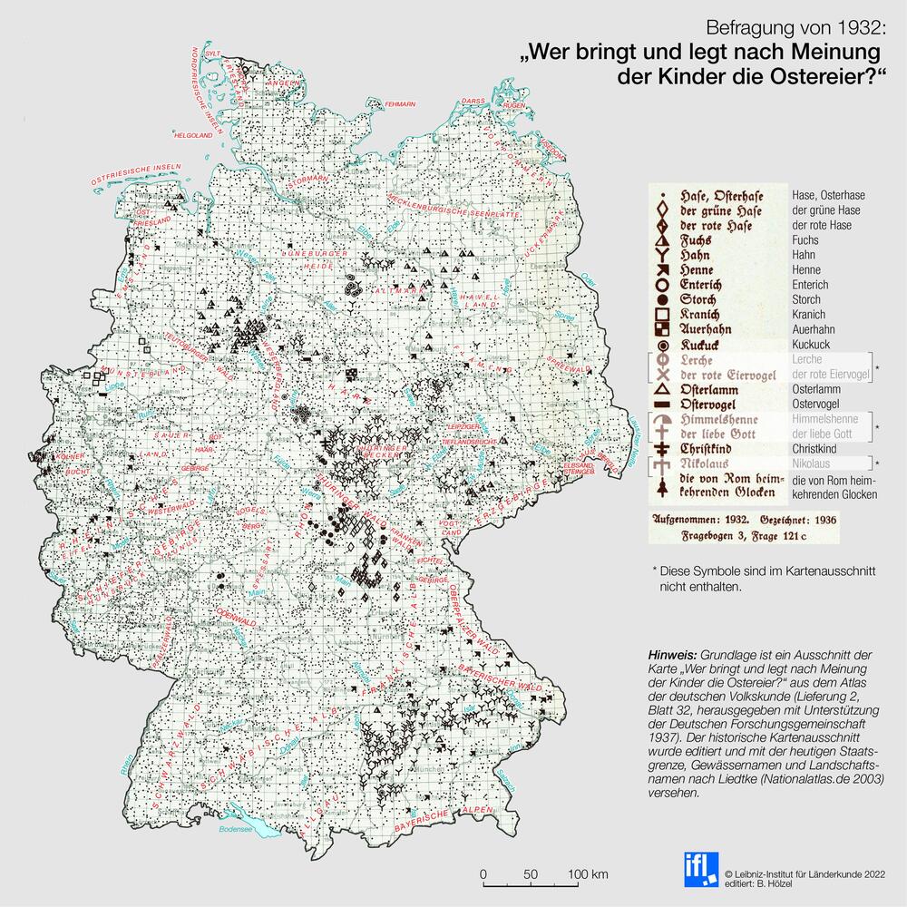 Deutschlandkarte Befragung 1932 Ostern Wer bringt nach Meinung der Kinder die Ostereier