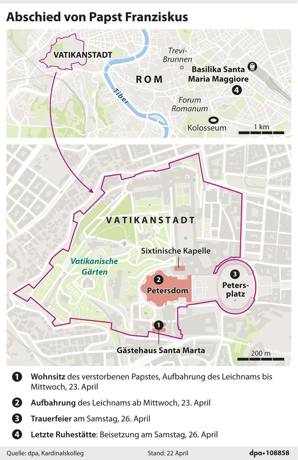 Grafik-Karte: "Abschied von Papst Franziskus: zentrale Orte bis zu Beisetzung"