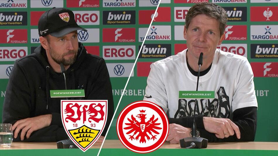 Sebastian Hoeneß und Oliver Glasner in der Pressekonferenz am 3. Mai 2023 nach dem Pokal-Halbfinale