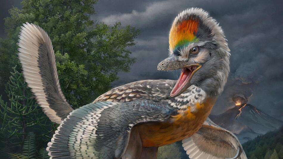 Eine Lebensrekonstruktion des vogelähnlichen Dinosauriers Fujianvenator prodigiosus