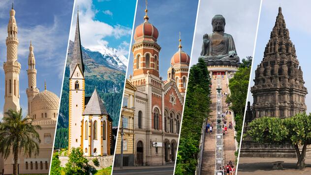 Die fünf Weltreligionen und ihre Gotteshäuser beziehungsweise Tempel