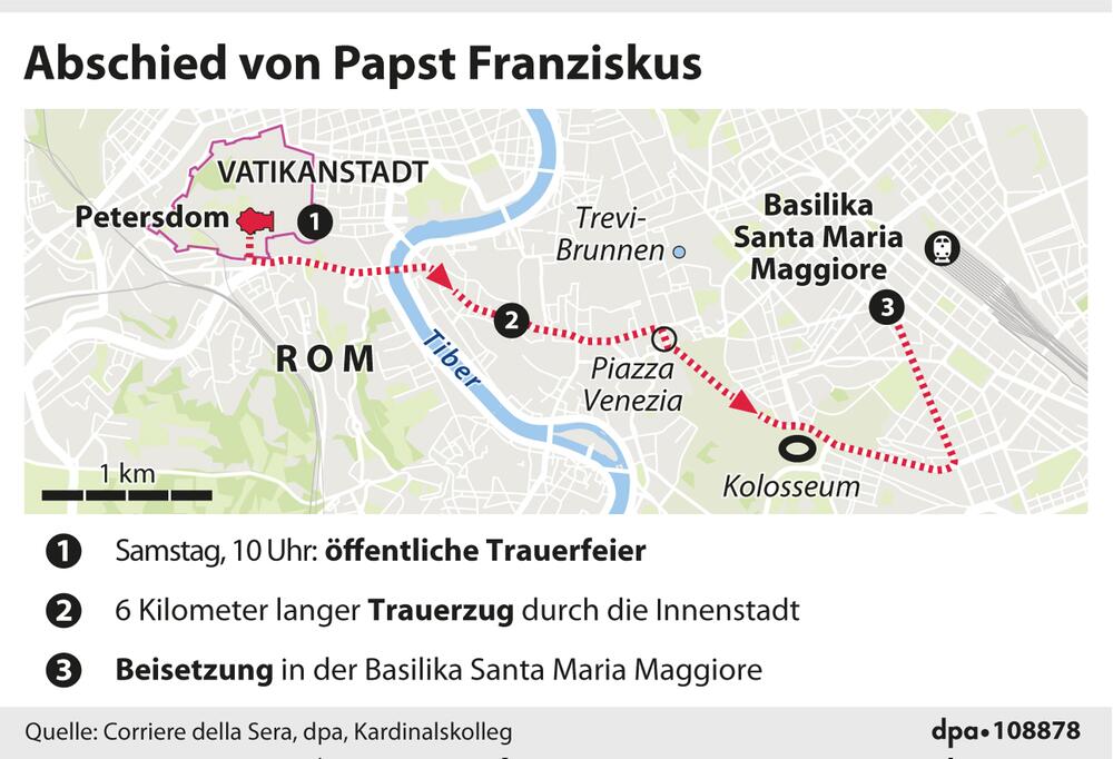 Grafik: "Trauerfeier für Papst Franziskus: Route der Prozession"