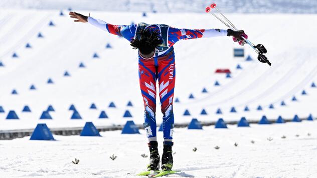 Stevenson Savard nach seinem Olympia-Zieleinlauf am 8. Februar 2026. 
